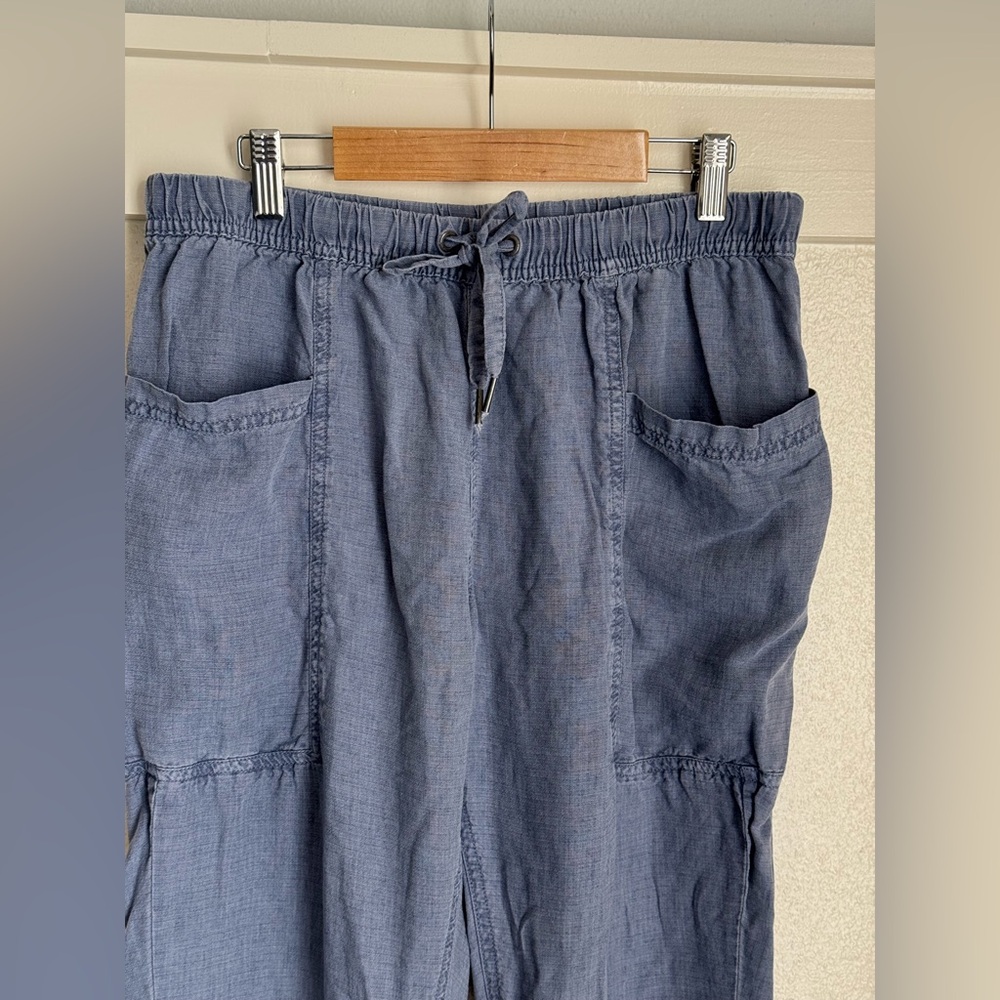 Splendid Collection Blue Linen Straight Leg Pants Small Elastic Waist Drawstring - Picture 3 of 10
